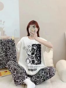 Summer New Womens Sleepwear Set Cute Cartoon Print round Neck Short Sleeve Long Pants Shorts Three-Piece Soft Milk Silk Home Clothes