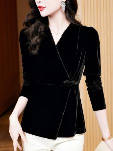 Elegant Velvet Top Womens Long Sleeve Slim Fit Base Shirt Cover Stomach Spring New Style Fashionable Mommy Waist Cinched Shirt