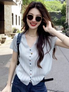 GEBOFU | Summer Short Sleeve V-Neck Ice-Silk Knit Blouse