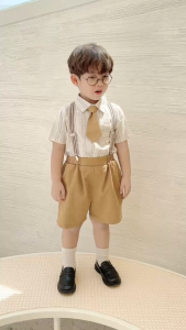 BE284 Bộ áo sơ mi quần đùi yếm đai BERNIE quần áo công tử cho bé trai dự tiệc thôi nôi