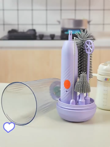 6 in 1 Portable Baby Bottle Brush Set with Portable Bottle Rack Travel Silicone Brush Cleaner Nipple Brush Nursing Bottle Cleaning Drying Rack
