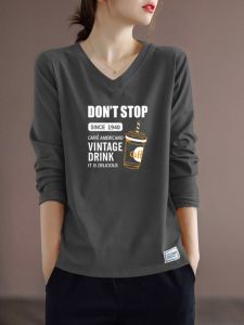 off-Season Big Sale Brand Discount Gray Pure Cotton Tops Long Sleeves Fashion Bottoming Shirt Inner Wear Print T-shirt for Women