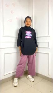 Baju Setelan Wanita Viral Jumbo Macaron Set BO Bahan Katun Combed 24s Aplikasi Sablon Premium Ukuran M L XL XXL 3XL LD 100-130 CM Oneset Remaja Kekinian Ootd Korean Style Warna Purple Cream Dusty Black Denim Bisa Dibeli Tepisah