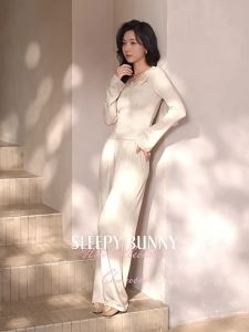 Faux Cashmere Lace V-Neck Straight Pants Set