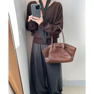 YUEZHONGWEI | French V-Neck Polka Dot Scarf Tied Purple Sweater