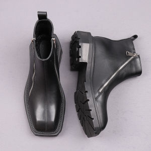 Happy Fox Chelsea Boots for Men with Martin-style Black High-top Leather Boots with Thick Sole and Square Head Closure