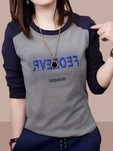 เสื้อยืดแขนยาวผู้หญิง เสื้อชั้นในสีบล็อก แฟชั่นฤดูใบไม้ร่วง/ฤดูหนาว ผ้าเดอร์โวลินหนา เสื้อตัวบนสุดเก๋