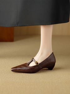 French Cat Heel Mary Janes Comfortable Leather mid Heel Single Shoes Womens Fashionable Vintage Style Slip-On round Toe Shoes
