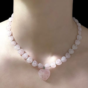 Cute Rose Quartz Heart Beaded Choker Necklace Silver