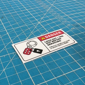 Lock Out Tag Out Before Servicing LOTO. Safety Sticker Label Sign Design. Danger Caution Warning Service Maintenance.