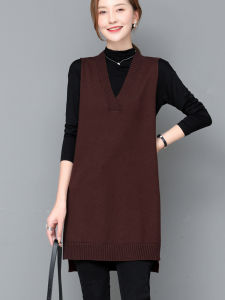 Spring & Fall New Arrival Plus Size Pullover Vest Womens Mid Length Long Length Loose Plus Size Ladies Outwear V-neck Knitted Slimming Vest Waistcoat