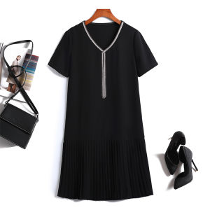 Classic Simple Large Folded Hem Short Sleeve V-neck Korean Style Loose Dress Summer Commute Pure Color A-line Skirt