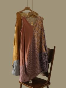 ชุดเดรสแขนกุดผ้าฝ้ายลินินลายทางสีบล็อกแฟชั่นฤดูร้อน กระโปรงทรงเอเอวสูง คอวี แขนกุด กระโปรงทรงเอไม่สมมาตร