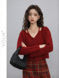 YOUXIANG | Áo Cardigan Len Ngắn Kiểu Retro Mùa Đông Đỏ