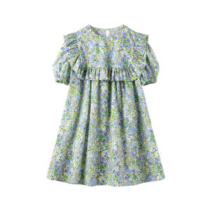 Monets Backyard Girls Floral Print Dress Bubble Sleeve Ruffle Hem Cotton Casual Skirt Childrens Clothing Spring Summer Kids