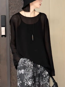 QINGNAER | Black Sheer Back Tie Hollow Out Long Sleeve Mature Style Plus Size Top