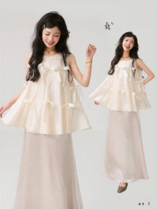 KEIKO | Summer Gentle Style Apricot Color Light Sheen Chiffon Sleeveless Babydoll Top Half Skirt Set
