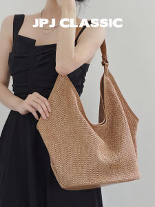 jpj | Summer JPJClassic Woven Straw Bucket Bag Tote Lazy Shoulder Handbag Large Capacity Commuting Style Soft PE Material Pure Color