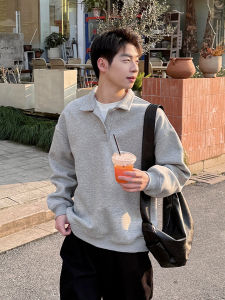 เสื้อยืดคอโปโลแขนยาวสีเทาดอกไม้สำหรับผู้ชาย ทรงหลวม ปกพับ ปกติ ผ้าโพลีเอสเตอร์ สไตล์อังกฤษ เสื้อยืดคอกลม