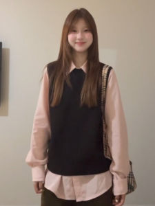 YUEZHONGWEI | Spring Outfit Campus Style Pink Knit Vest and Blouse Set