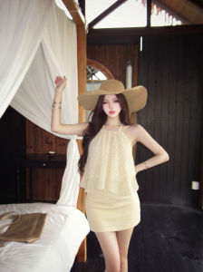 GUZILIAN | Fashionable Polka Dot Halterneck Fitted Vest and Short Skirt Two-Piece