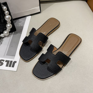 Casual Flat Bottom Sandals Womens Outdoor Wear Square Head Rubber Sole Beach One-Strap Slip-On Shoes Korean Style Low Heel