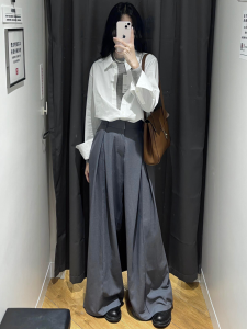 Retro Grey Pleated Wide Leg Suit Pants Womens plus Size Casual Drapey Loose Fit Trousers Autumn Seasonal New Style
