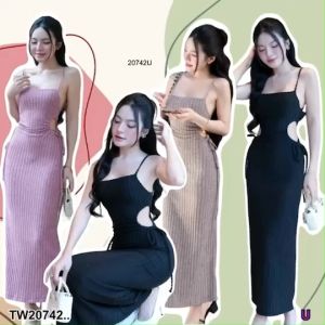 TW20742 เดรสยาวยืดร่องใหญ่ เว้าเอวด้านข้าง ..