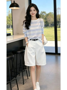 Shalldoer | Slimming Casual Summer New Fashion Stripe Round Neck Long Sleeve T-shirt and Wide Leg Shorts Set