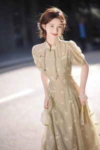 High End Elegant Cheongsam Style Floral Print Dress