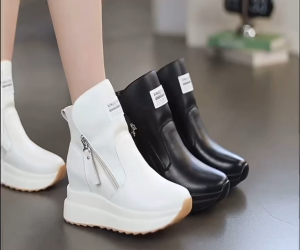 #817 New Korean Fashionable Sports Leather Thick Soled Height Increase Anti Slip High Top Zipper Ankle Boots