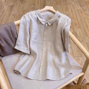 Casual Loose Cotton Linen Short Sleeve Shirt Women Summer Commute Artistic Simple Doll Collar Linen Small Top Upper Apparel
