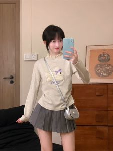 Áo Thun Cotton Dài Tay Thêu Hình Thỏ Mềm Mại Dành Cho Nữ Phong Cách Hàn Quốc Có Nơ Bướm Viền Ren Eo Ngắn Mùa Thu