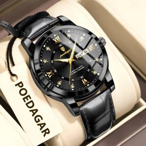 POEDAGAR Top Luxury Man Watch Date Week Waterproof Luminous Leather Men Wristwatch Casual Male Clock Sports Mens Quartz Watches