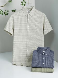 HENGYUANXIANG | Hengyuanxiang Embroidered Small Grid Mens Short Sleeve Shirt Summer New Style Pure Cotton Breathable Casual Slim Fit Shirt