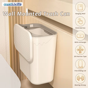 JustLiving 1PC 9L Wall Mounted Kitchen Trash Can Hanging Trash Bin for Bathroom Kitchens Cabinet Door with Lid Garbage Cans Cabinet Stor Can Dustbin Rubbish Bin Cabinet Door Floor Wall Mounted Kitchen Tong Trash