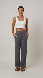 Womens High Waist Brushed Knit Wide Leg Pants Solid Color Stretch Soft Straight Leg with Pockets Comfy Casual Daily Office Wear