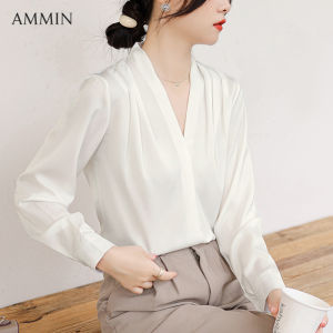 AMMIN เสื้อสวมหัวคอวีสไตล์ฝรั่งเศส เสื้อเบลาส์หรู ระบายแขนยาวพองวินเทจ สีพื้น 2023 อาชีพ ทางปัญญาสไตล์เกาหลี สำหรับเสื้อชีฟองหญิงฤดูใบไม้ร่วง