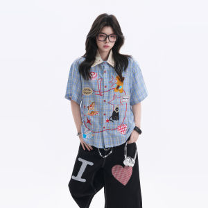 zuocisankon | Cute Cartoon Embroidery Plaid Shirt Collar Short Sleeve
