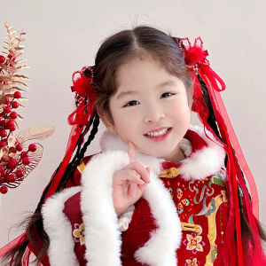 New Year Chinese Style Tassel Ball Flowing Ribbon Hair Clip Girls Cute Headwear Duckbill Clip Double Prong Hair Accessories
