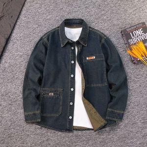 Fashion Denim Shirt Mens Retro Large Pocket Design Loose Casual Simple Autumn Long-sleeved Cargo Cowboy Shirts Korean