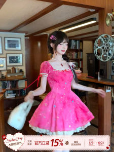 Sweet Berry Red Embroidered Puff Sleeve Short Dress