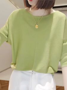Thin Knitwear Womens Summer New Arrival 3/4 Sleeve round Neck Pullover Top Loose Western Style Plus Size Bottoming Shirt Women
