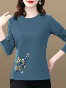 Pure Cotton Long Sleeves T-Shirt Womens Loose 2024 Spring Clothes New Arrival Easiest for Match round Neck Middle-Aged Ladieswear Casual Bottoming Shirt Tops