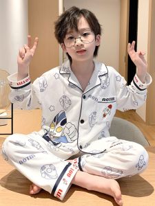 Childrens Pure Cotton Sleepwear Long Sleeve Thin Home Clothes for Boys Cartoon Pattern round Neck Single Button Closure Home Use