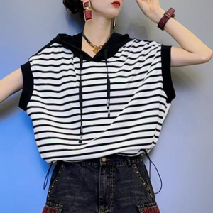 Shalldoer | Cool And Stylish Womens Summer Hat T-Shirt And Shorts Two-Piece Set Striped Color Block Denim Shorts Sleeveless Hoodie Ensemble