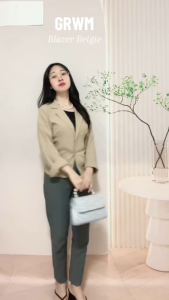 korean coat for women elegant beige puffed sleeves top formal plain fitted cardigan blazer for woman