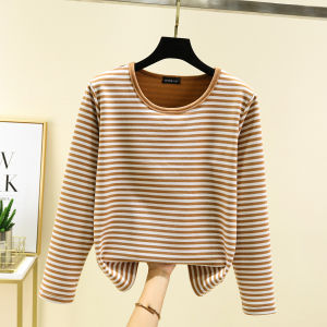 Thickened Fleece Warmth Womens Long Sleeve Striped Base Shirt Inner Wear plus Size Slimming T-Shirt Home Clothes Thermal Top
