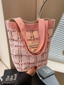 Trendy Canvas Lunch Bag Bucket Womens Bag Versatile Single Shoulder Handbag Soft Plaid Design Casual Fashion Accessory