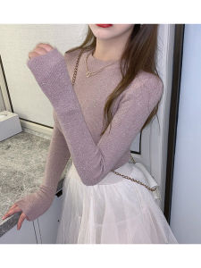 Shiny Gold Thread Knitted Sweater Low round Neck Thin Tight Spring Autumn Winter Inner Wear Base Layer Fashionable Womens Top